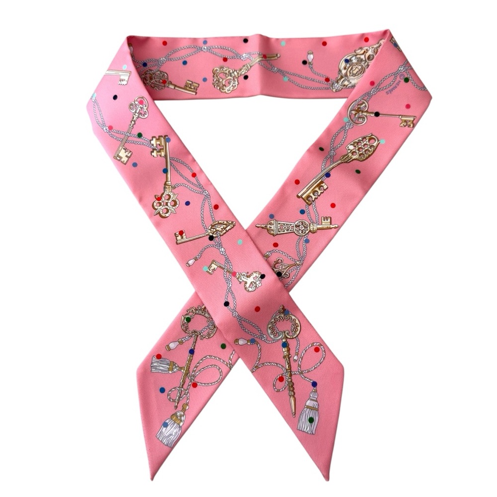 Hermes Twilly Les Cles A Pois 100% Silk Rose Beige Multicolor Pink Keys Design